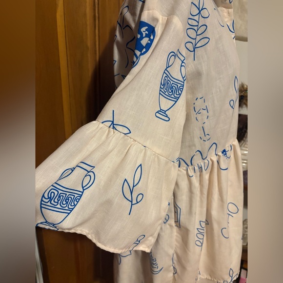 Cummense Ciao Wine Cream Blue Graphic Babydoll Ruffle Dress Medium - Picture 6 of 10